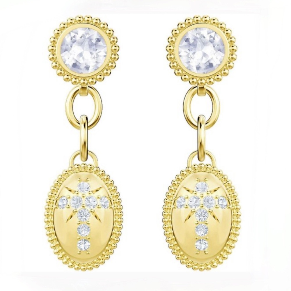 Swarovski Crystal Cross Motif Drop Earrings Gold Tone New in Box